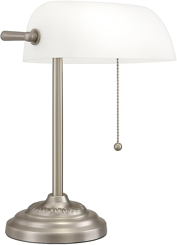 Nickel White Glass Banker Desk Lamp
