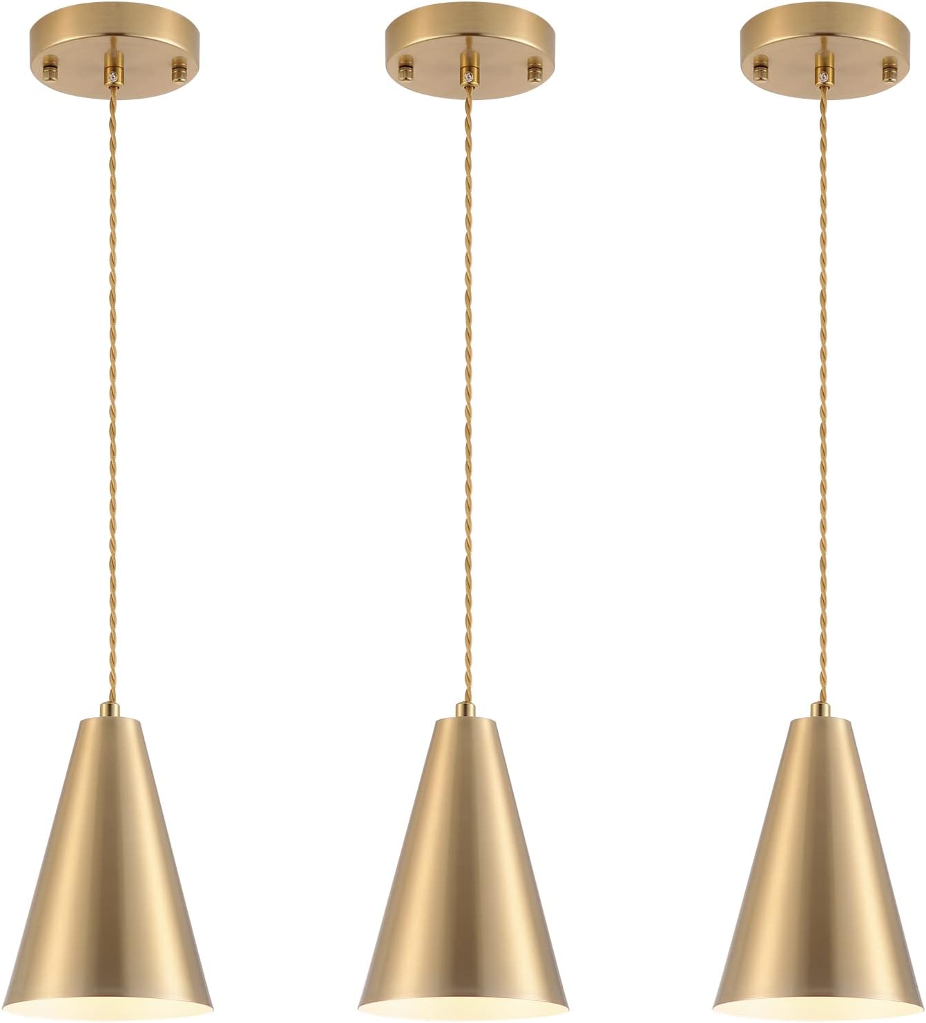 3 Pack Brushed Brass Cone Pendant Lights
