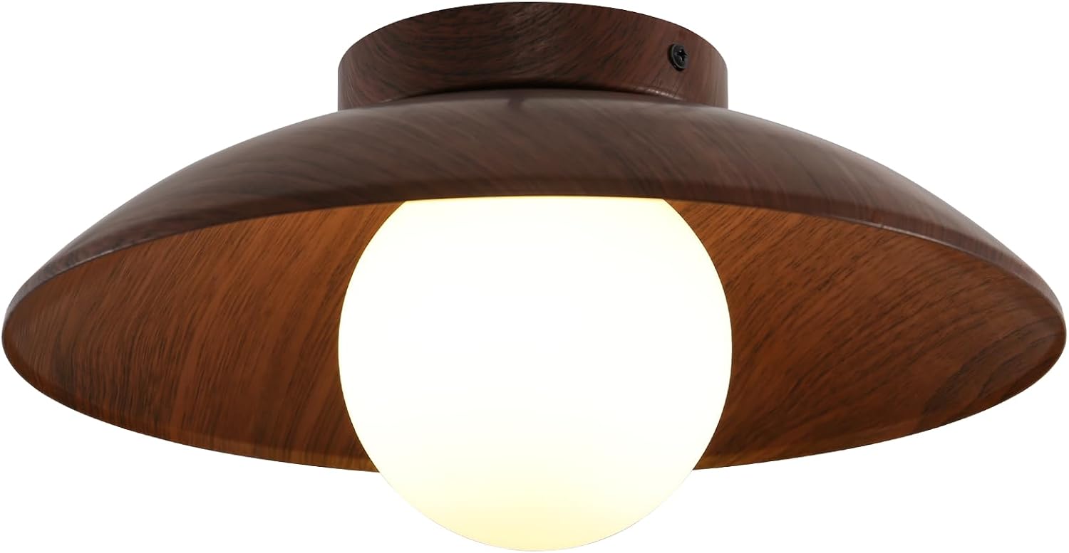 Wood Grain Glass Globe Semi Flush Light