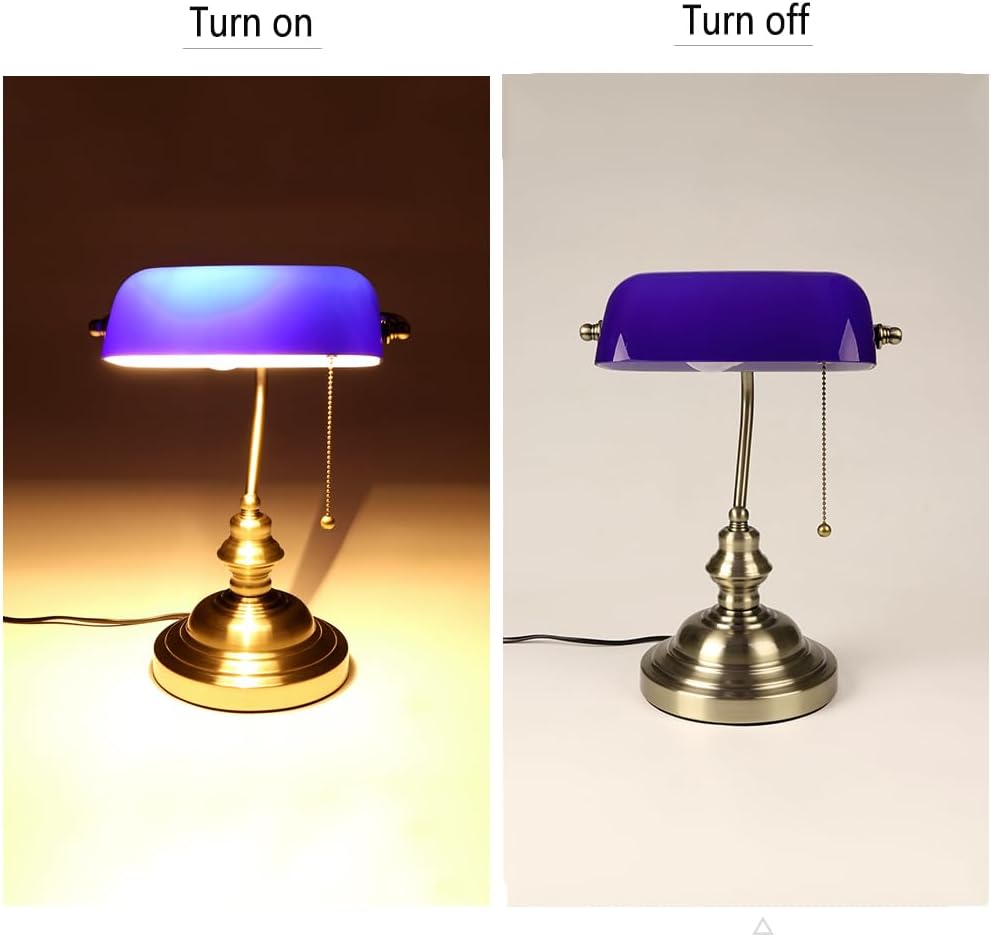 Blue Glass Pull Chain Banker Lamp