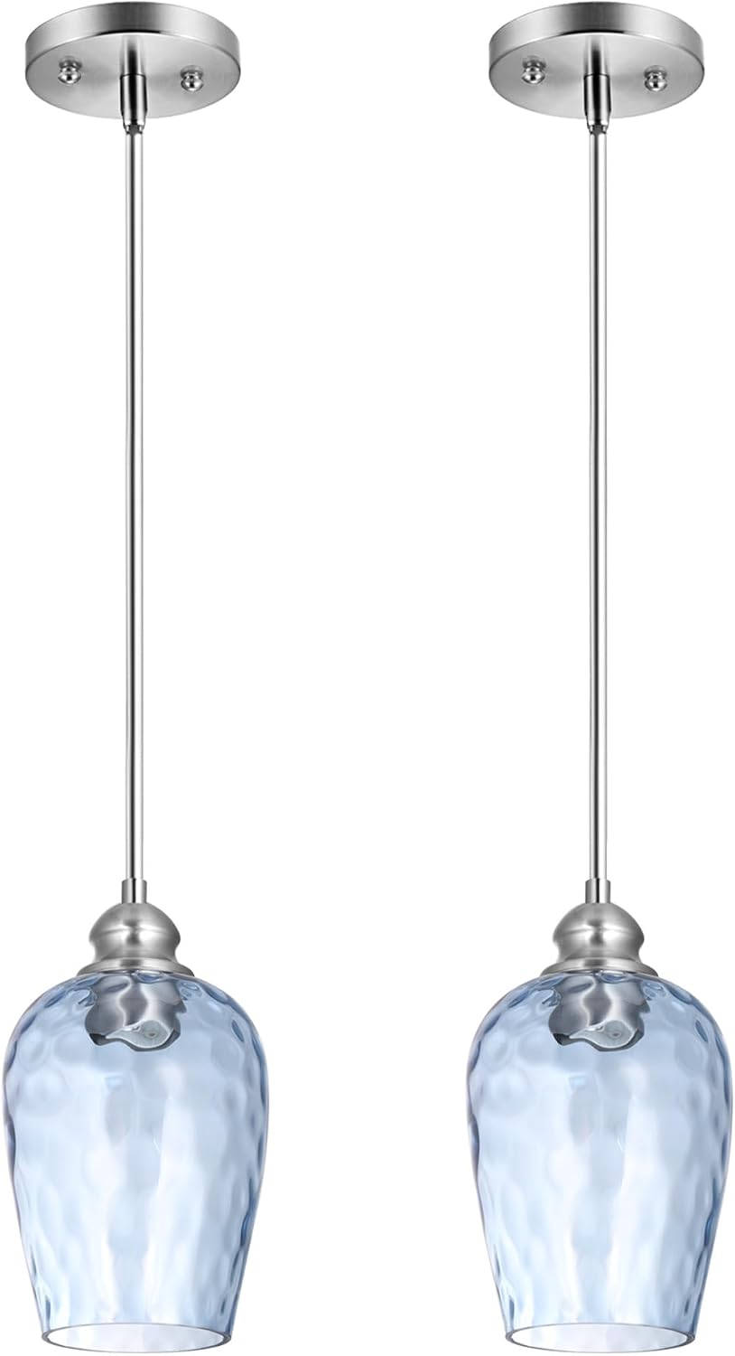 2 Pack Blue Hand Blown Glass Kitchen Pendant Lights