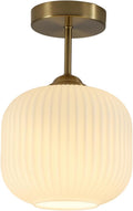 Gold Ribbed Milk Glass Semi Flush Light