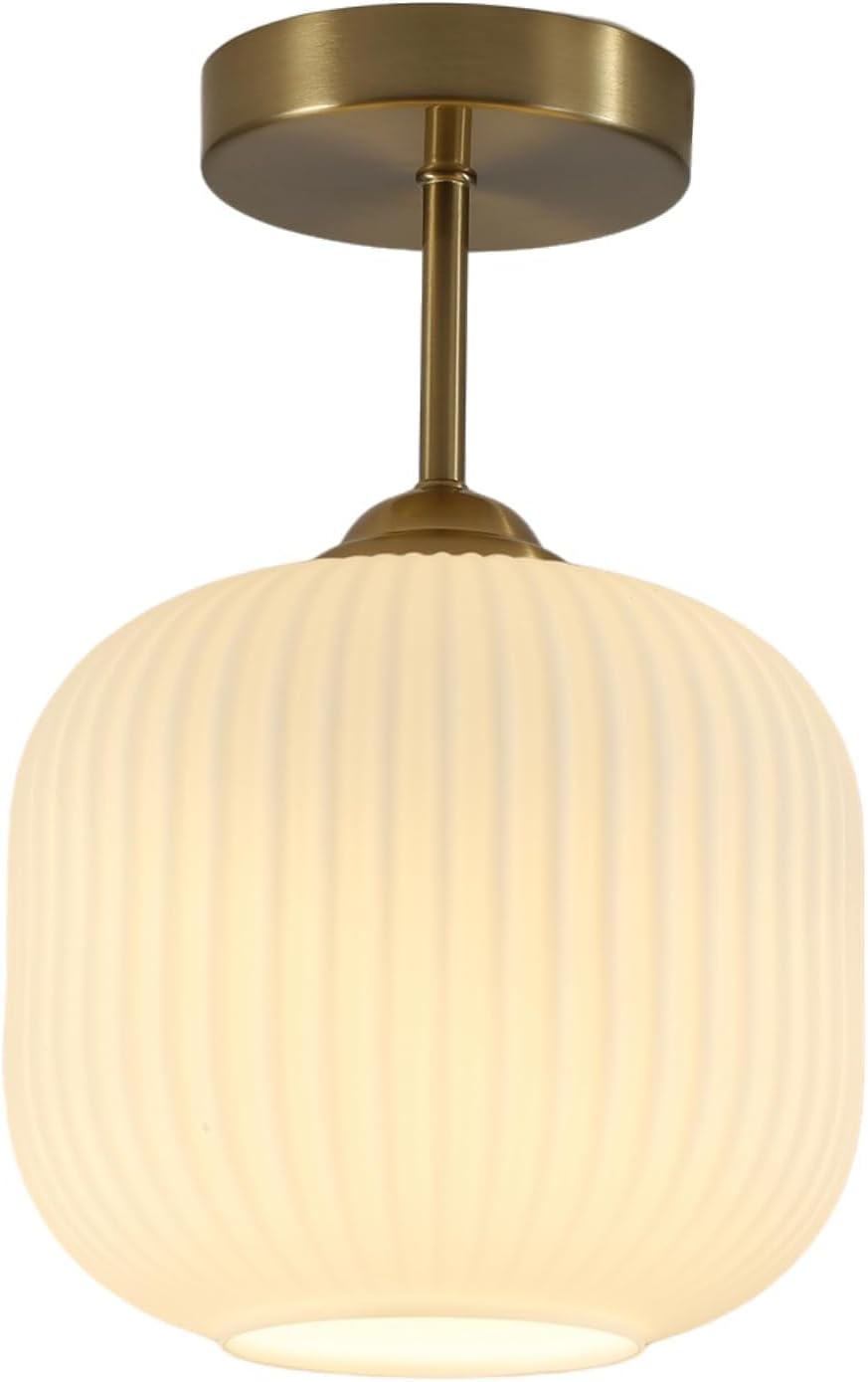Gold Ribbed Milk Glass Semi Flush Light