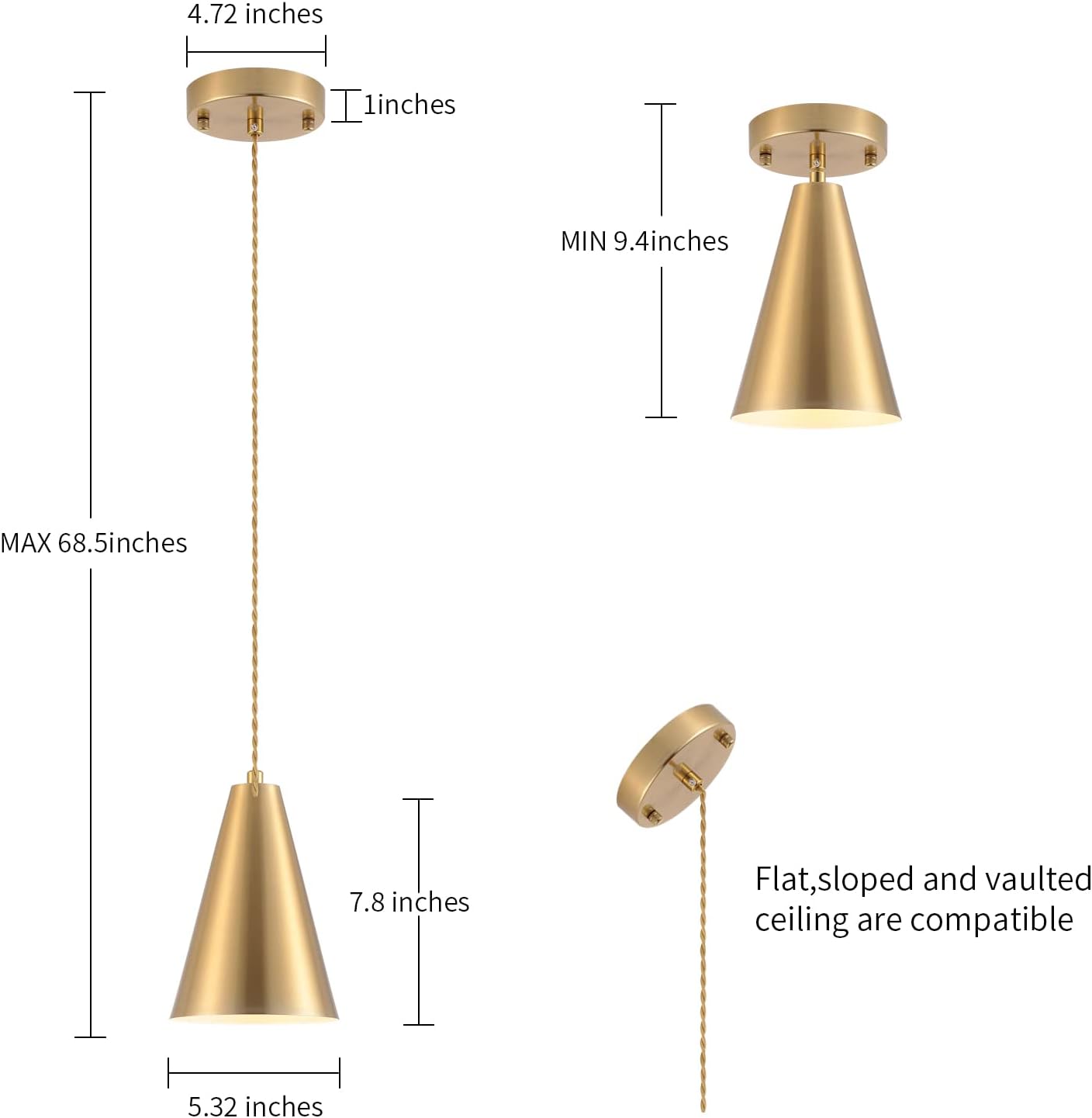 3 Pack Brushed Brass Cone Pendant Lights