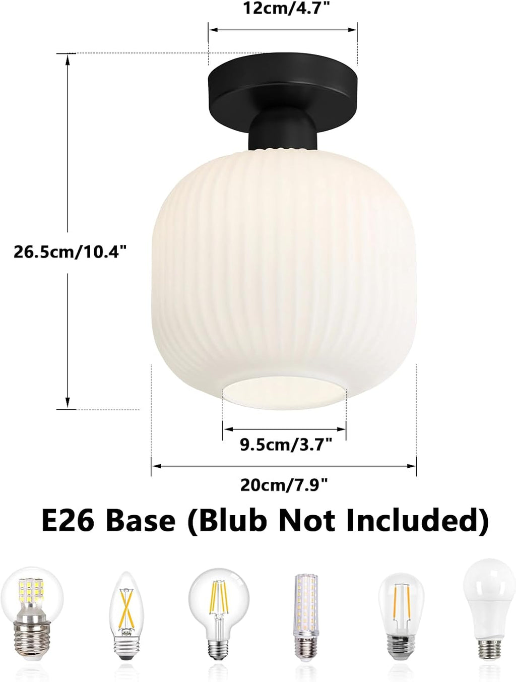 7.9" Black Ribbed Glass Semi Flush Light