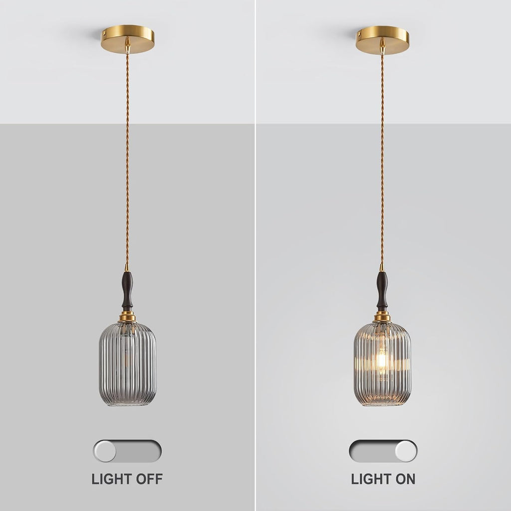 7.87" Brass Smoked Ribbed Glass Pendant Light