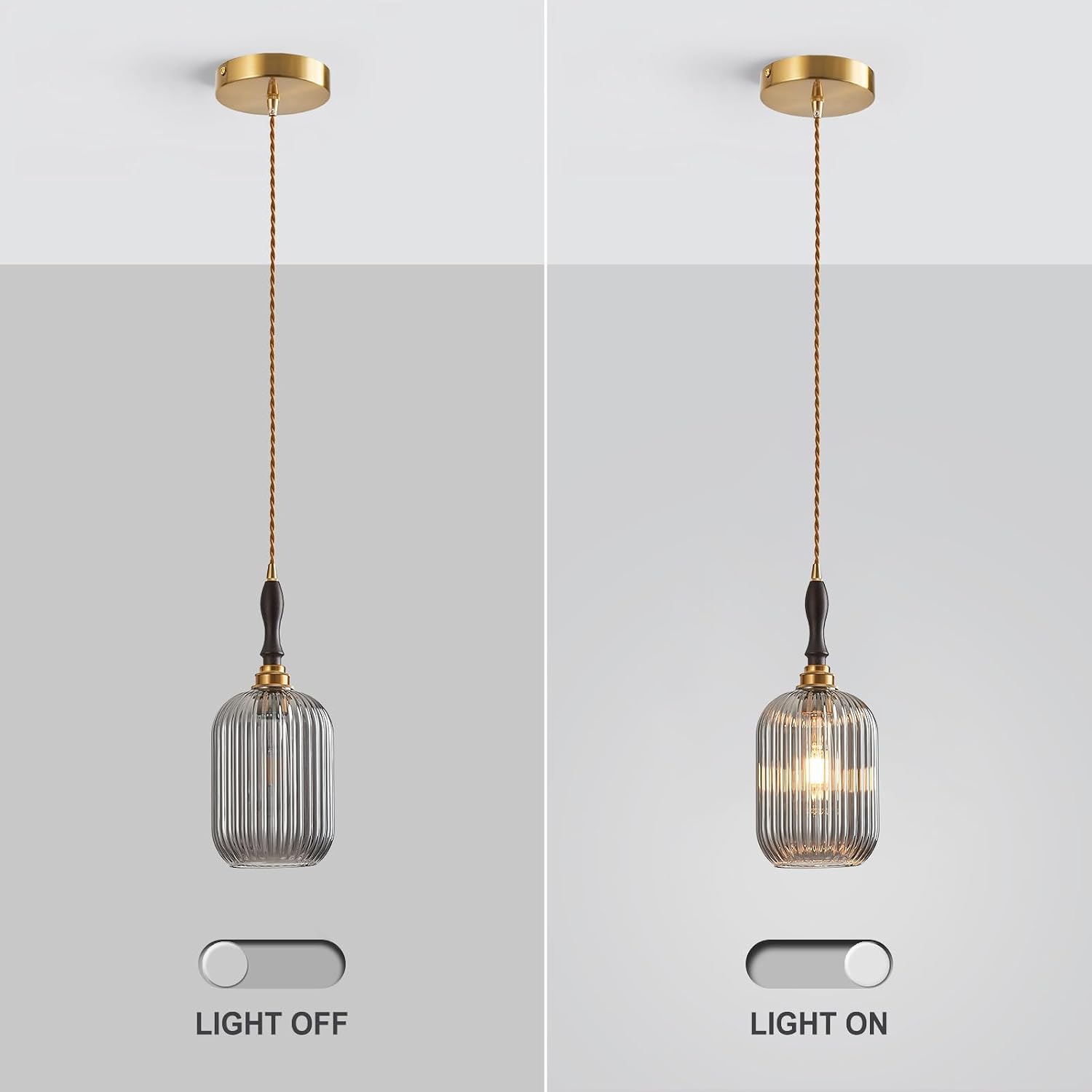 7.87" Brass Smoked Ribbed Glass Pendant Light