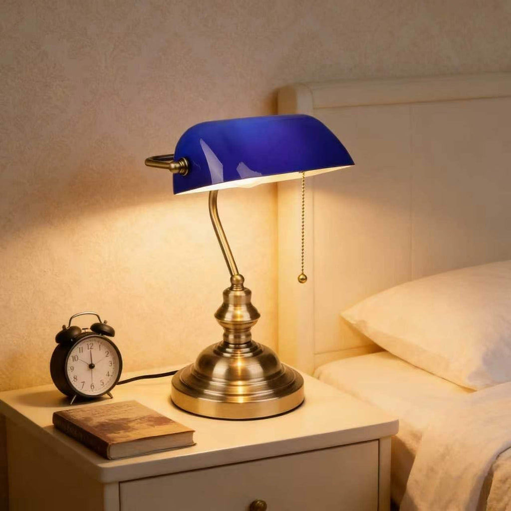 Blue Glass Pull Chain Banker Lamp
