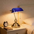 Blue Glass Pull Chain Banker Lamp