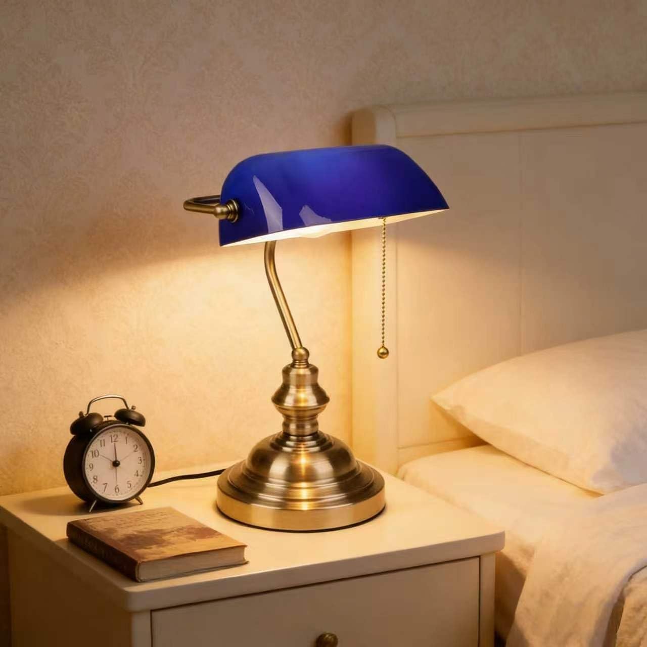 Blue Glass Pull Chain Banker Lamp