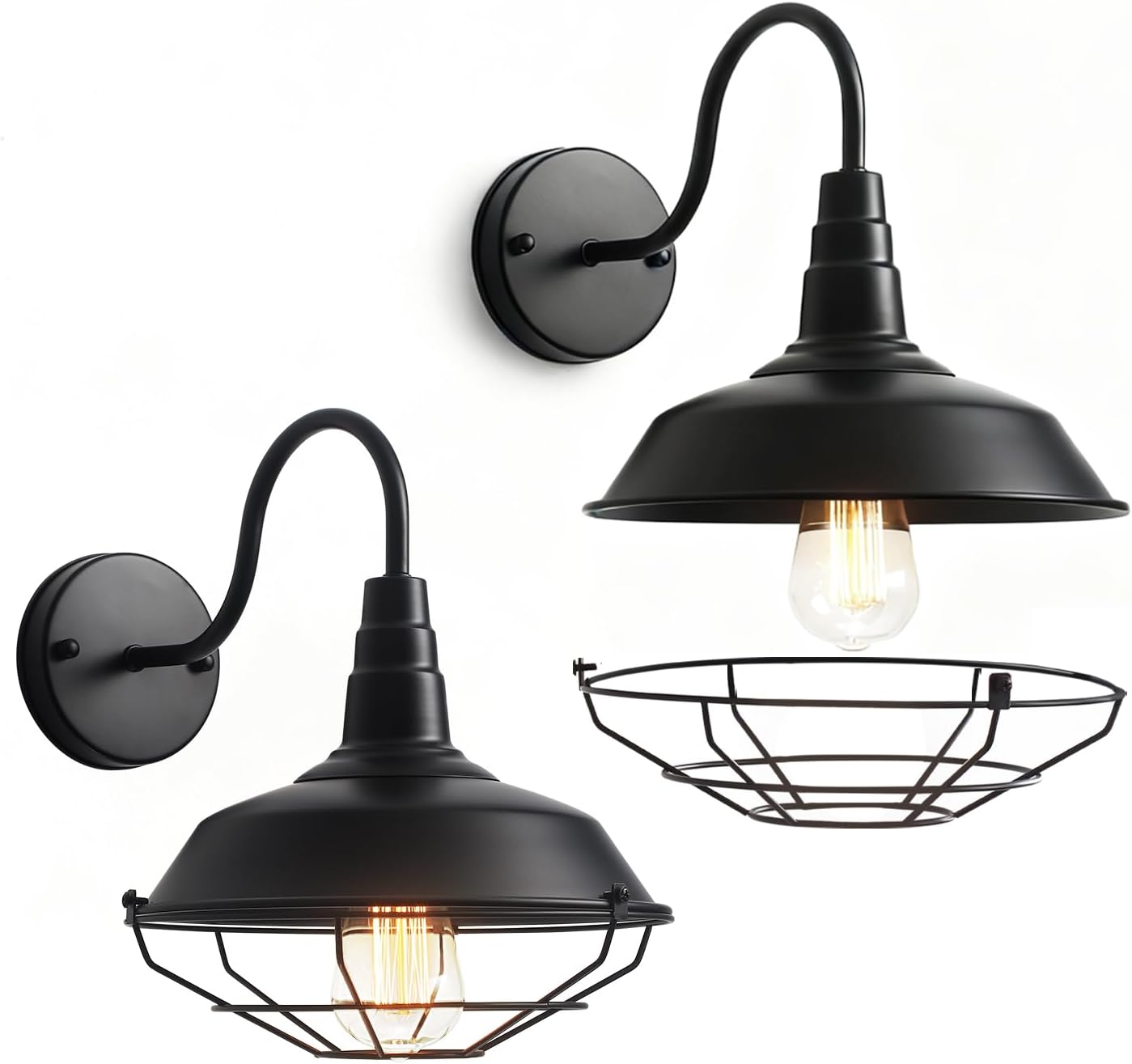 2 Pack Black Dome Cage Outdoor Barn Wall Light