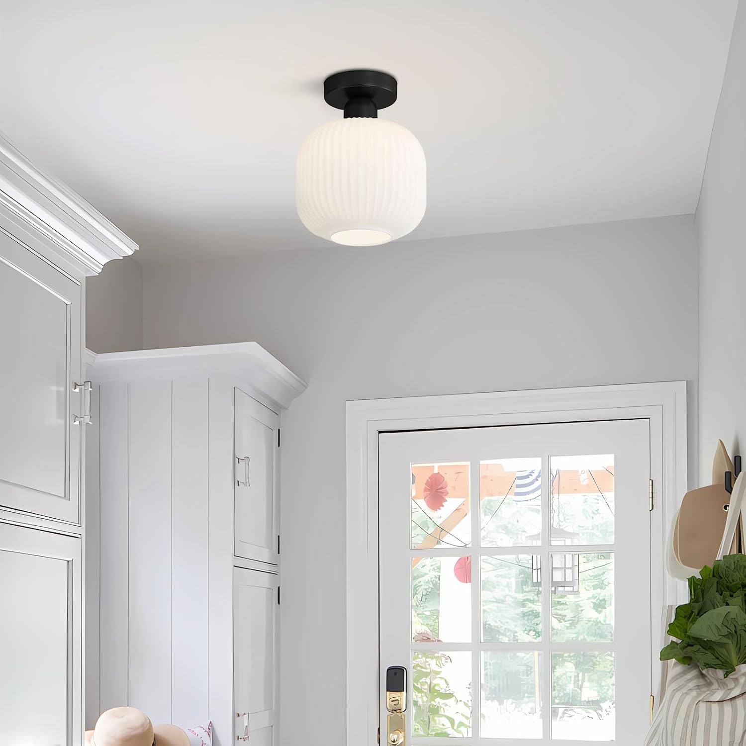 7.9" Black Ribbed Glass Semi Flush Light