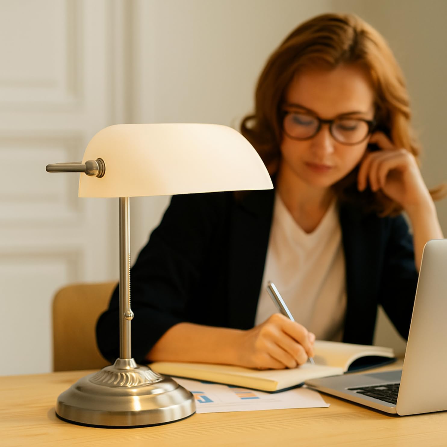 Nickel White Glass Banker Desk Lamp