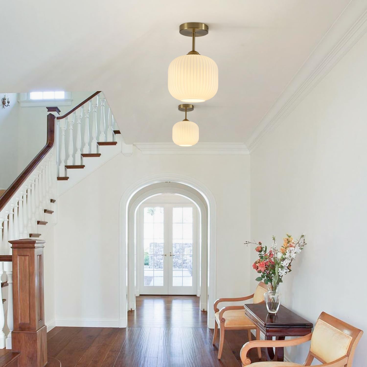 Gold Ribbed Milk Glass Semi Flush Light