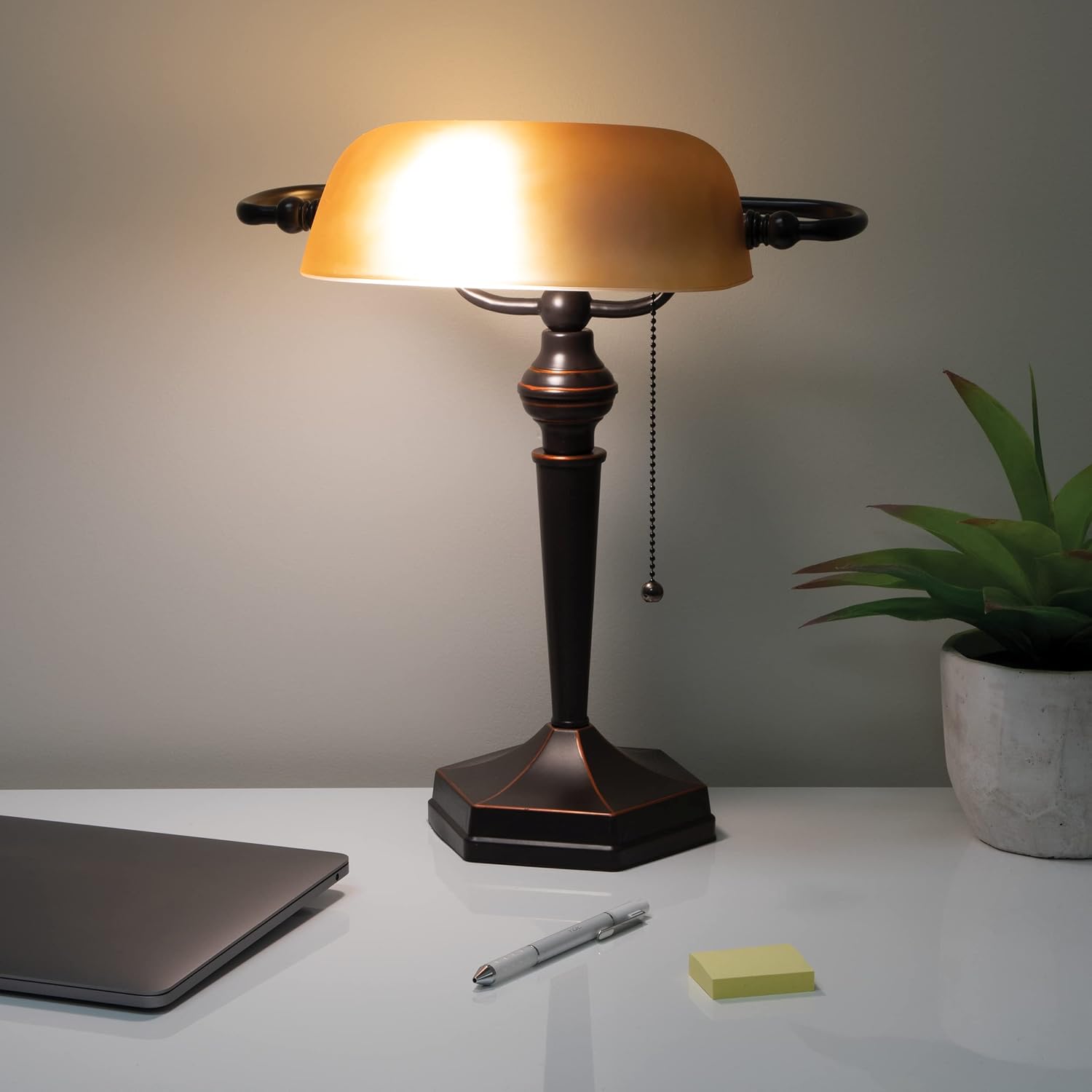 Bronze Amber Glass Banker's Desk Lamp