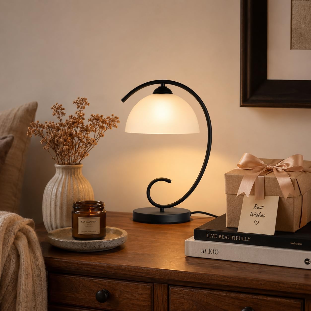 17.5" Sand Black Frosted Glass Dome Bedside Table Lamp
