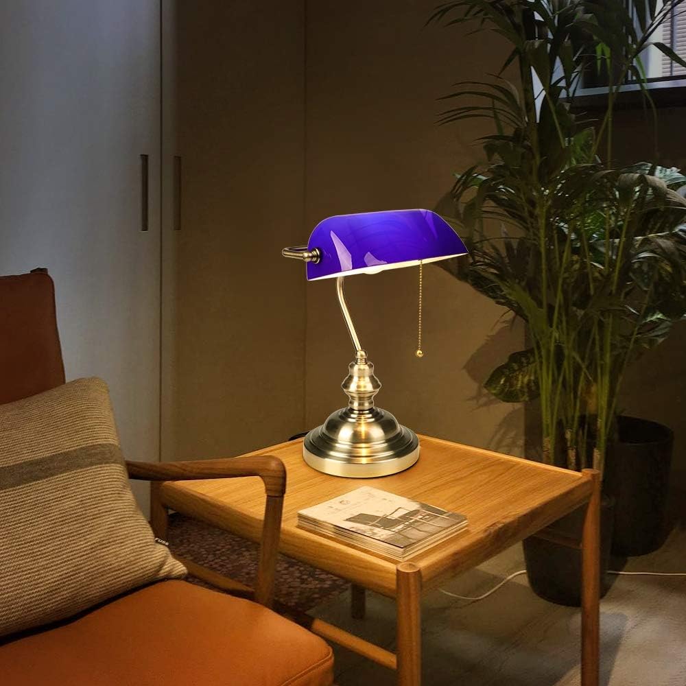 Blue Glass Pull Chain Banker Lamp
