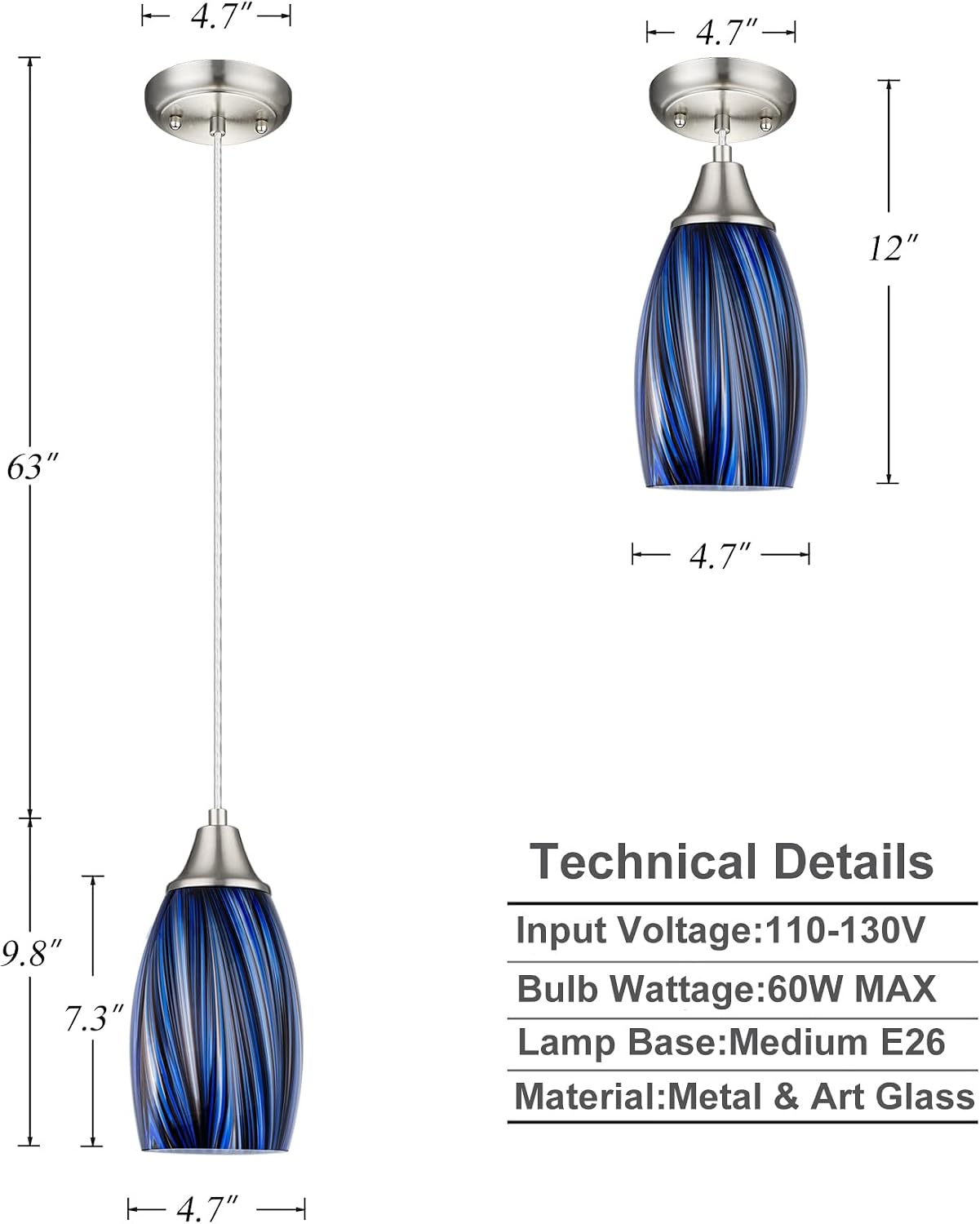 Brushed Nickel Dark Blue Glass Pendant Light