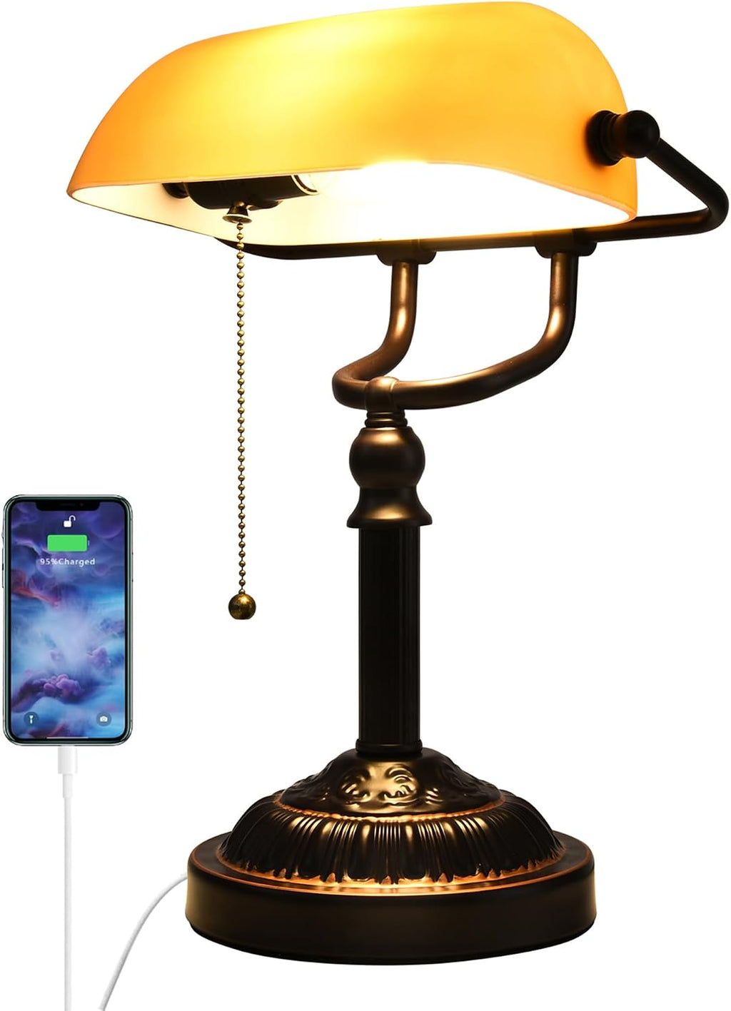 Bronze Yellow Glass USB Banker Desk Lamp