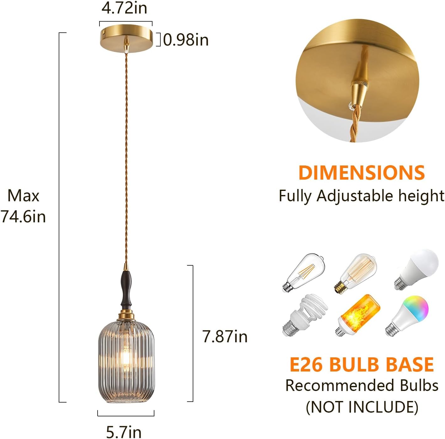 7.87" Brass Smoked Ribbed Glass Pendant Light