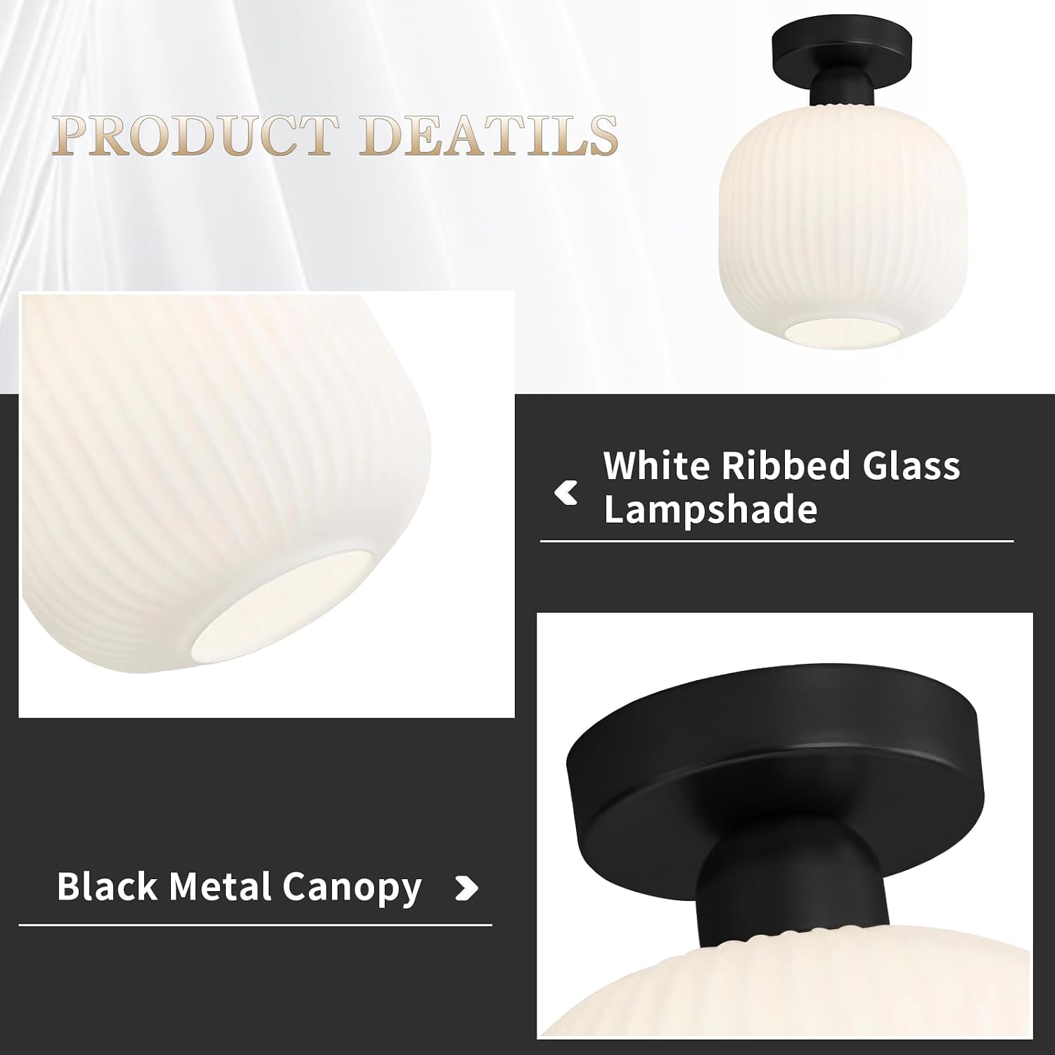 7.9" Black Ribbed Glass Semi Flush Light