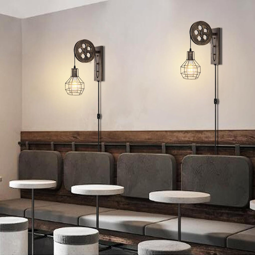 Bronze Pulley Cage Plug-In Wall Sconce