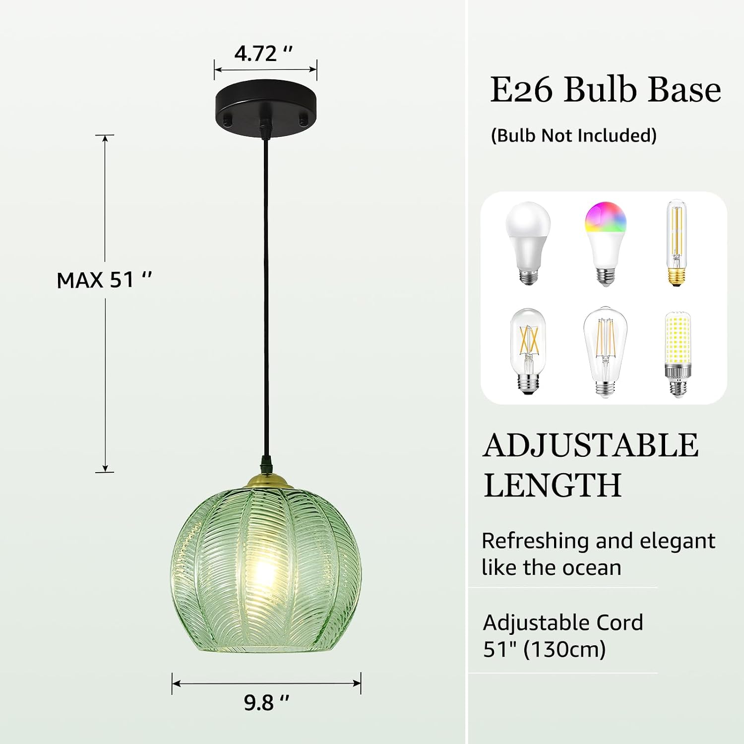 9.8" Green Ribbed Globe Pendant Light