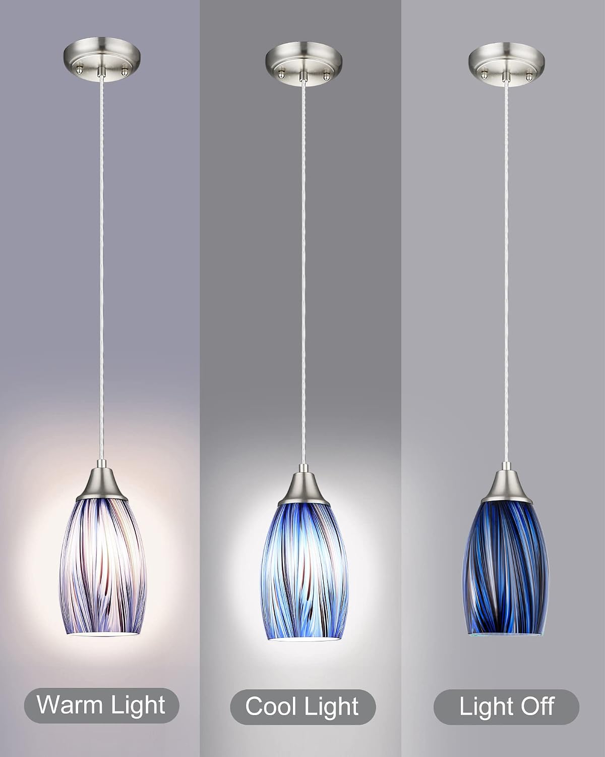 Brushed Nickel Dark Blue Glass Pendant Light