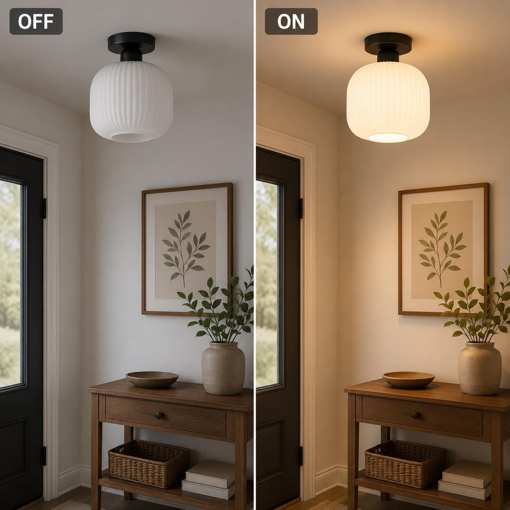 7.9" Black Ribbed Glass Semi Flush Light