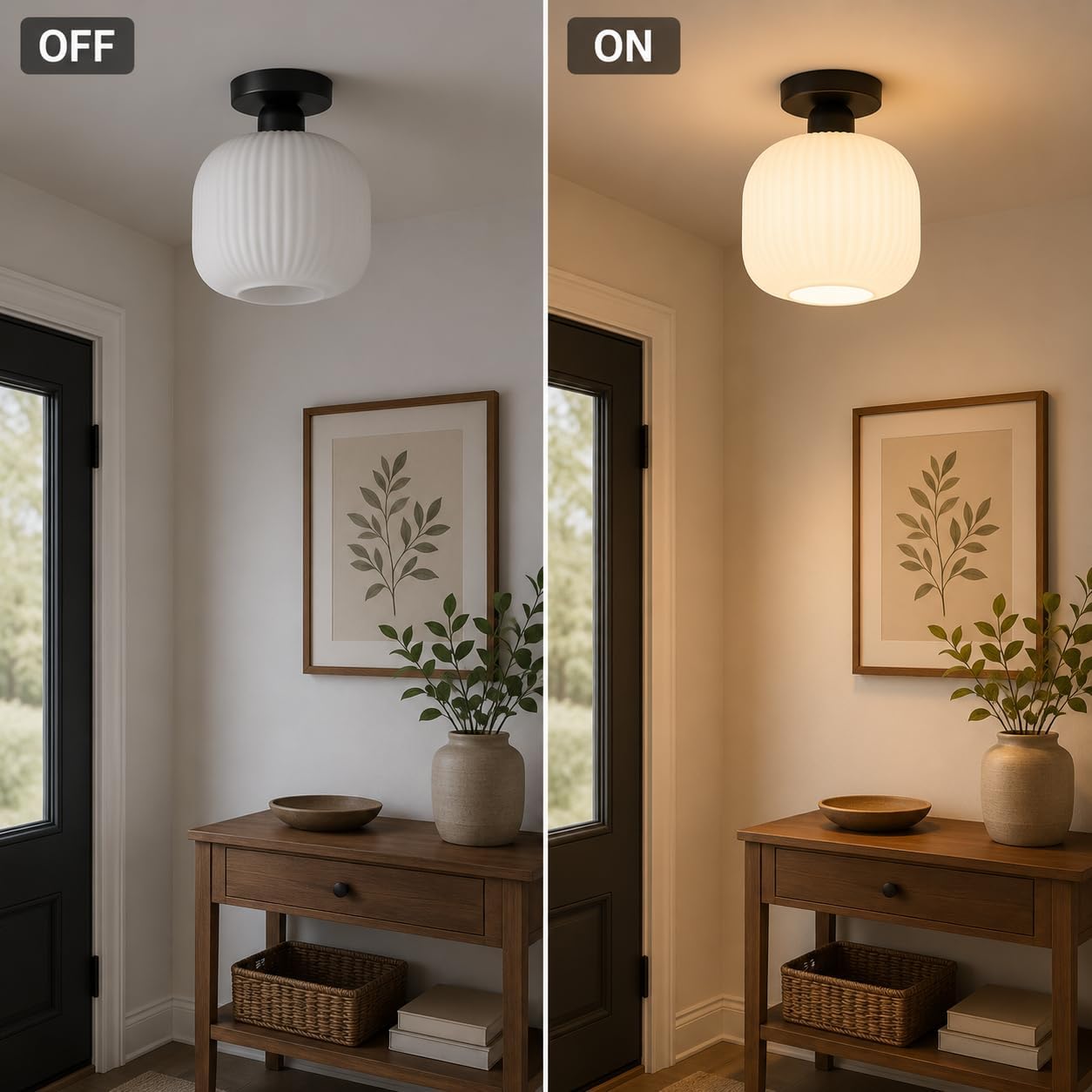 7.9" Black Ribbed Glass Semi Flush Light