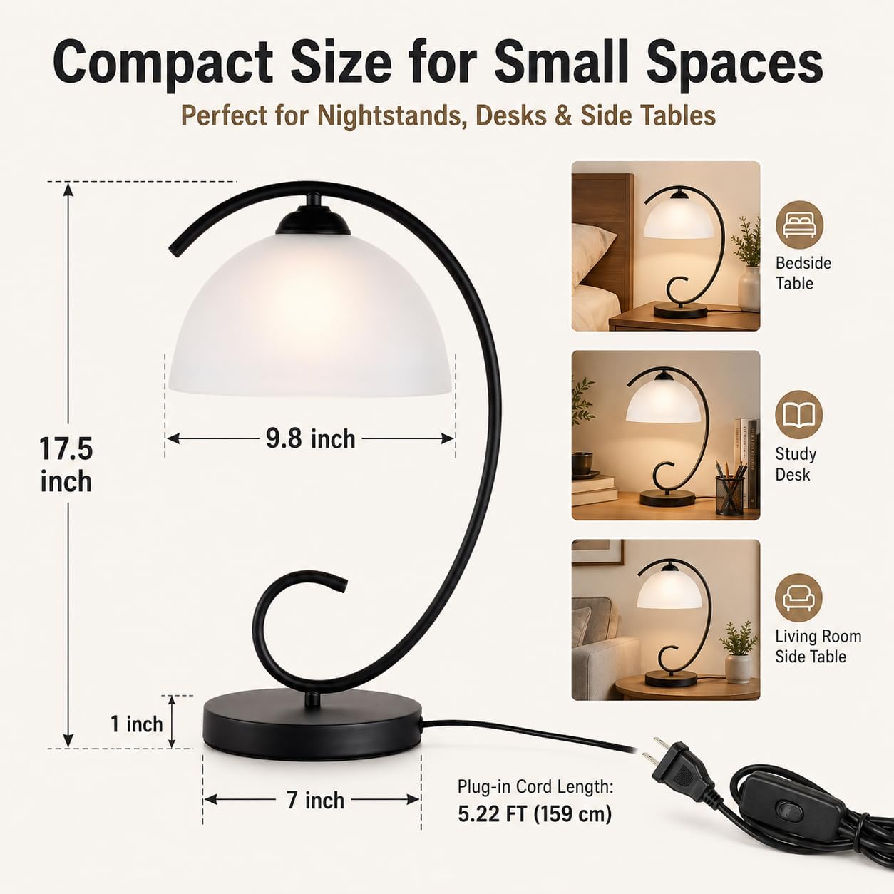 17.5" Sand Black Frosted Glass Dome Bedside Table Lamp