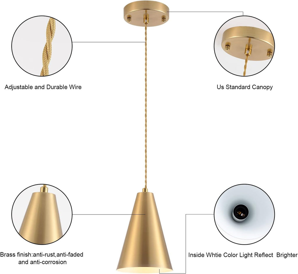 3 Pack Brushed Brass Cone Pendant Lights