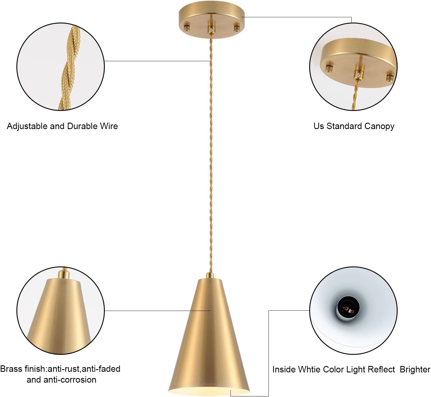 3 Pack Brushed Brass Cone Pendant Lights