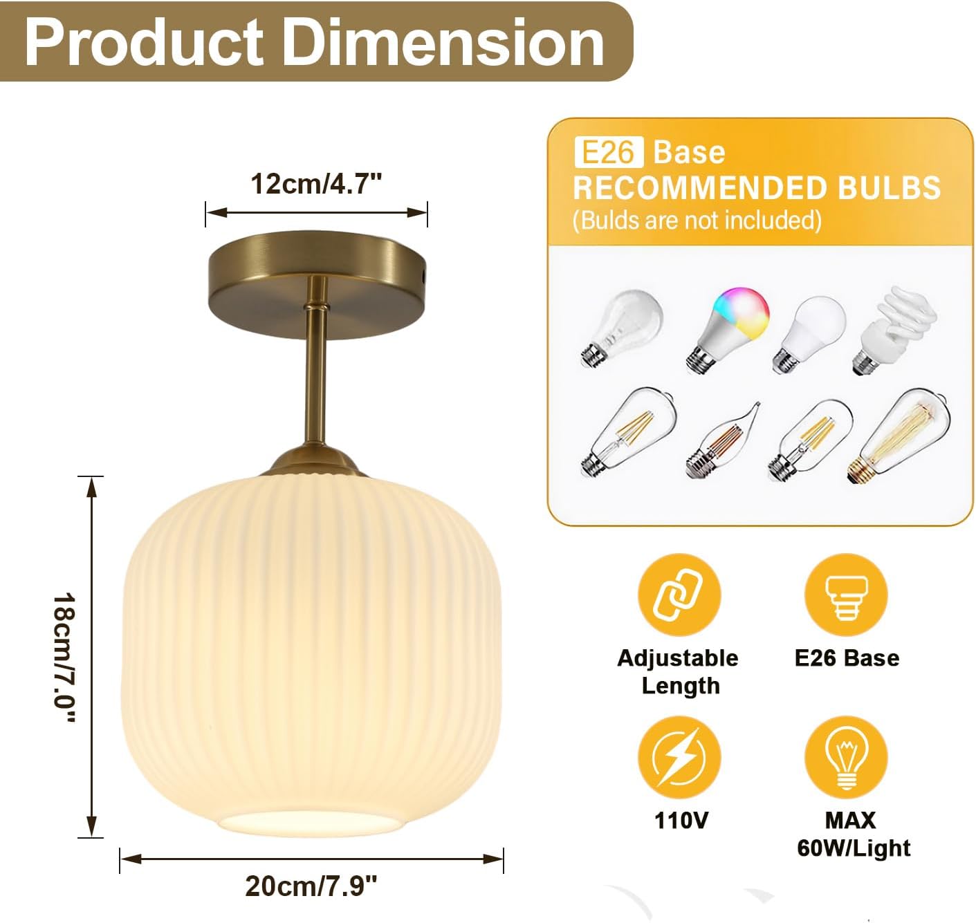 Gold Ribbed Milk Glass Semi Flush Light