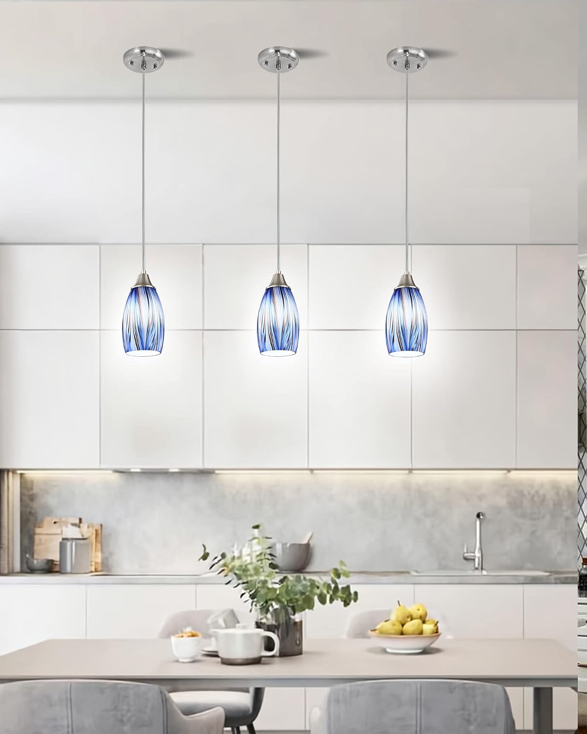 Brushed Nickel Dark Blue Glass Pendant Light