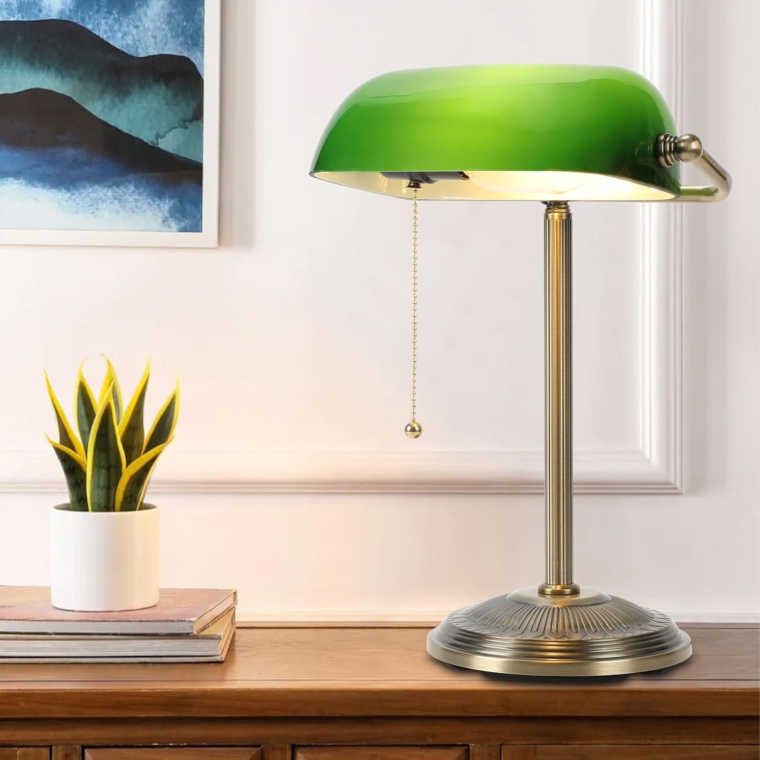 Brass Green Glass Banker Desk Lamp