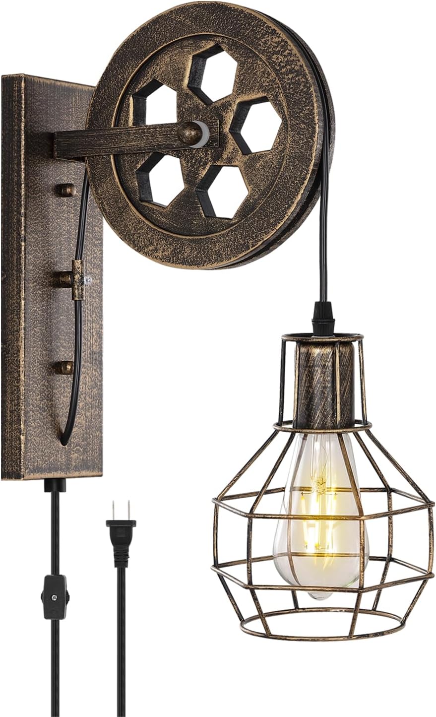 Bronze Pulley Cage Plug-In Wall Sconce
