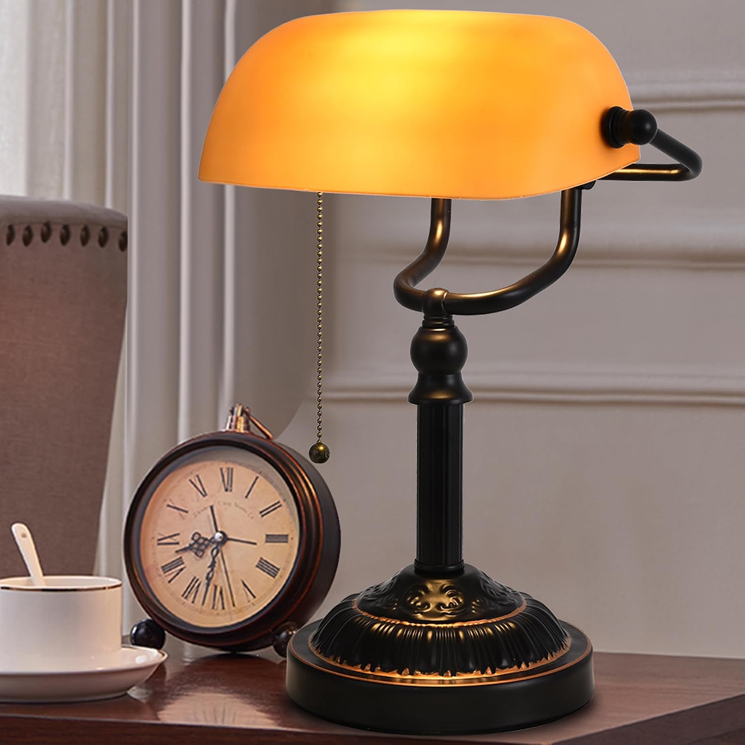 Bronze Yellow Glass USB Banker Desk Lamp
