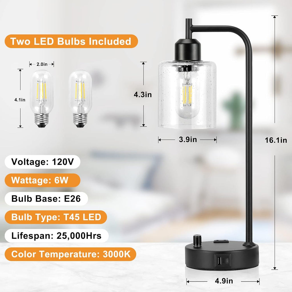 2 Pack Dimmable Black USB Glass Table Lamps