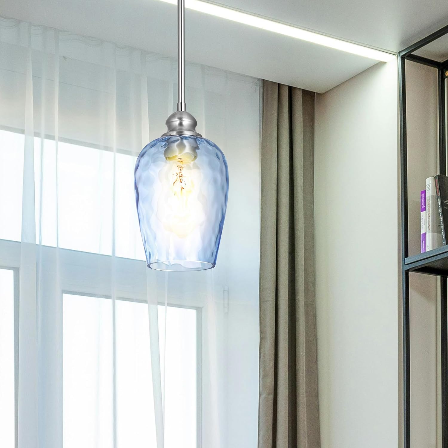 2 Pack Blue Hand Blown Glass Kitchen Pendant Lights