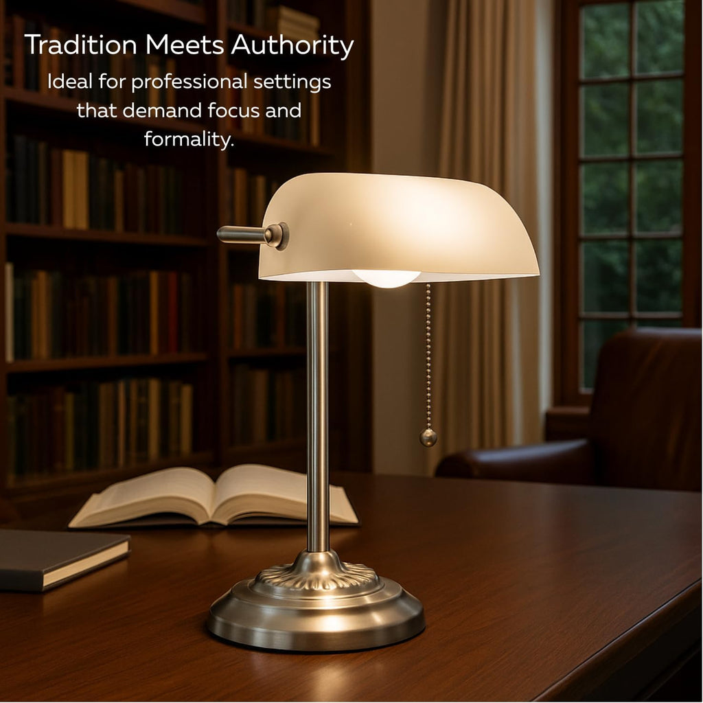 Nickel White Glass Banker Desk Lamp