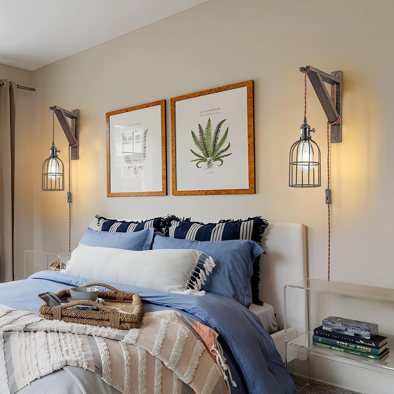 2 Pack Wood Plug-In Pendant Wall Sconce