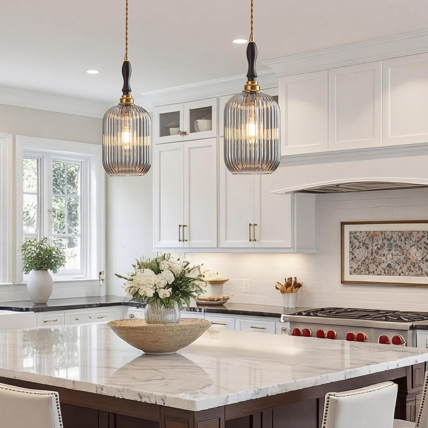 7.87" Brass Smoked Ribbed Glass Pendant Light