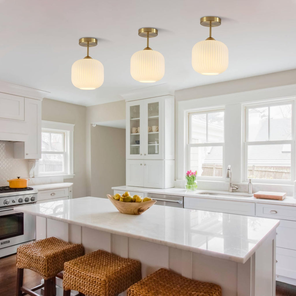 Gold Ribbed Milk Glass Semi Flush Light