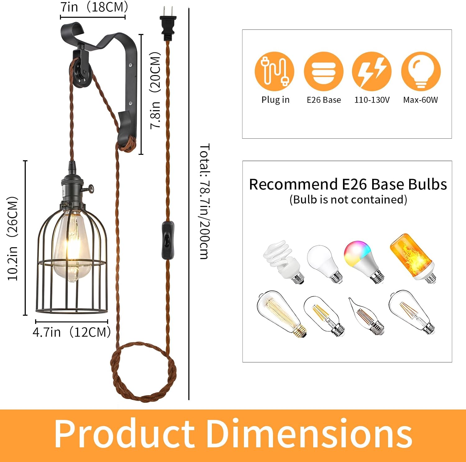 2 Pack Black Plug-In Industrial Wall Sconce