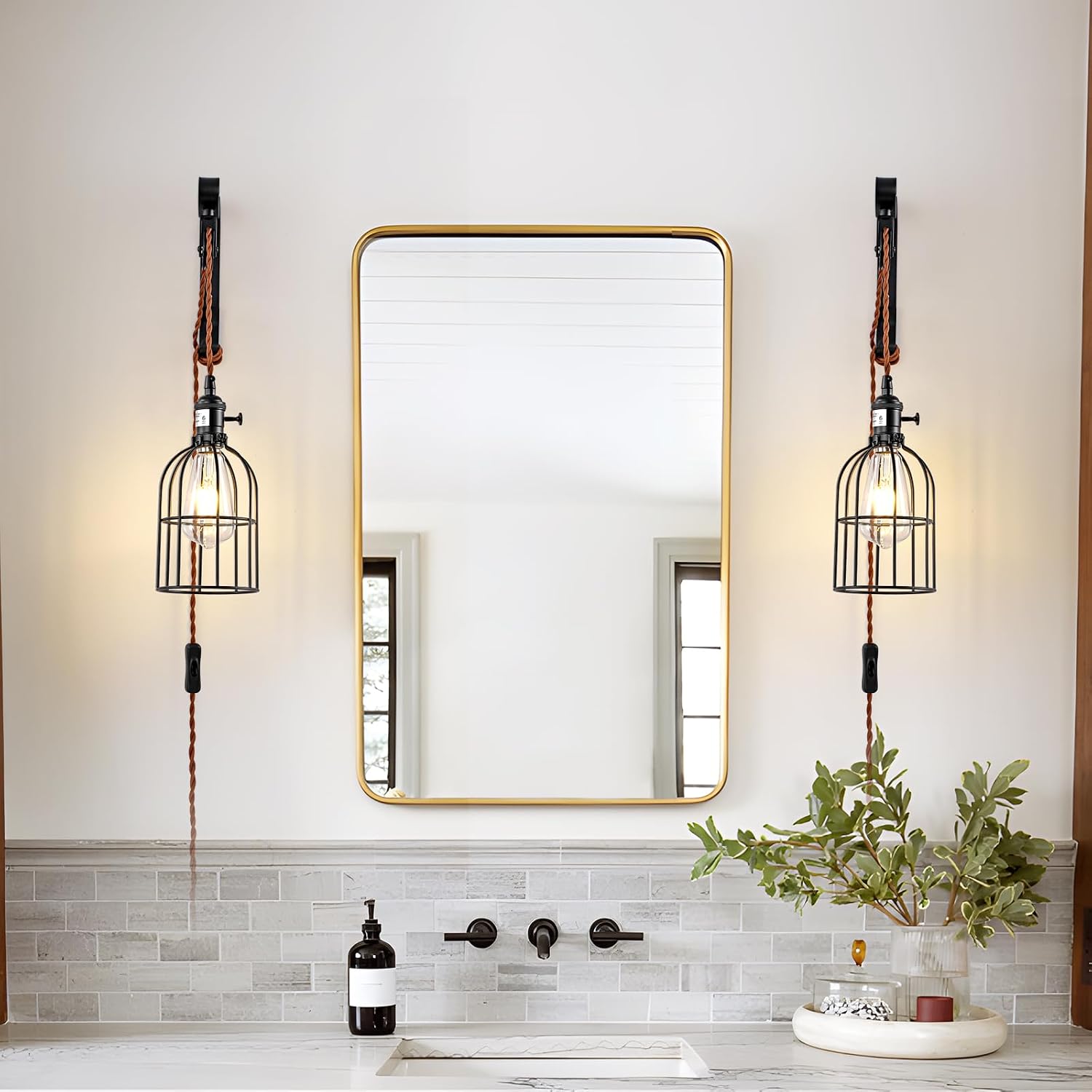 2 Pack Black Plug-In Industrial Wall Sconce