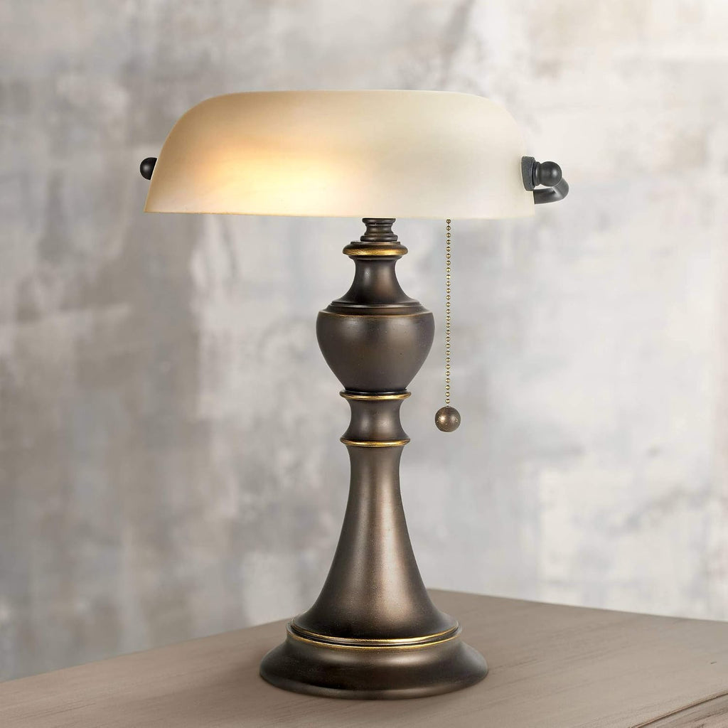 16" Bronze Alabaster Banker Table Lamp