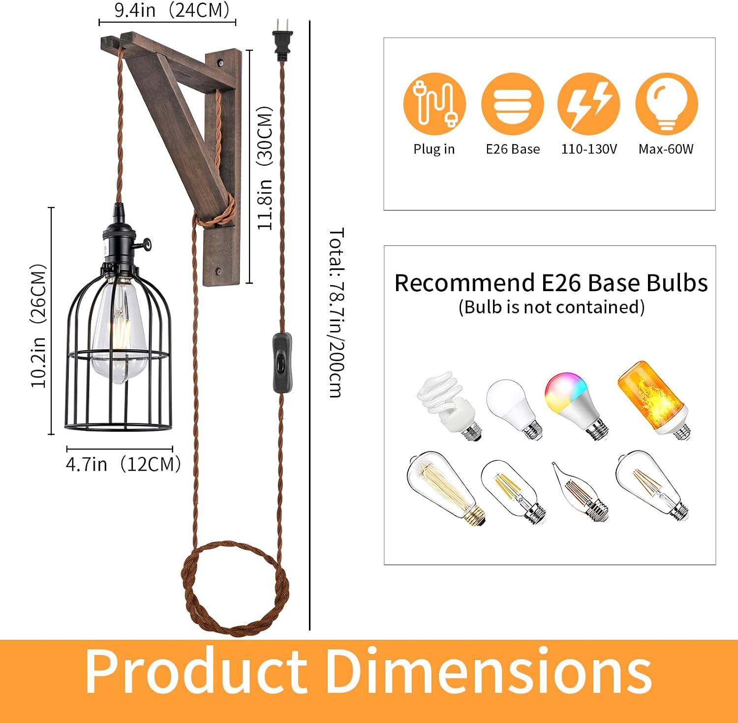 2 Pack Wood Plug-In Pendant Wall Sconce
