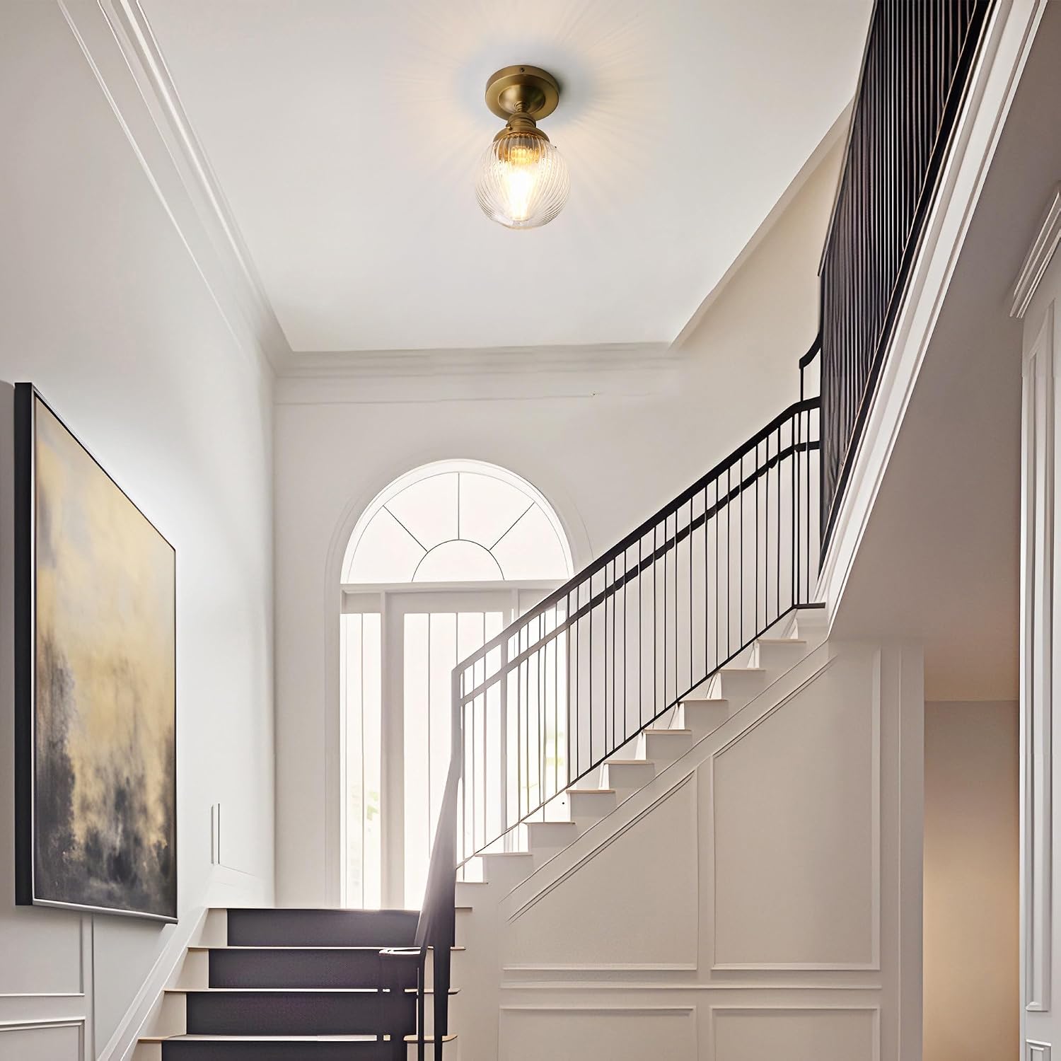 Striped Globe Glass Semi Flush Light