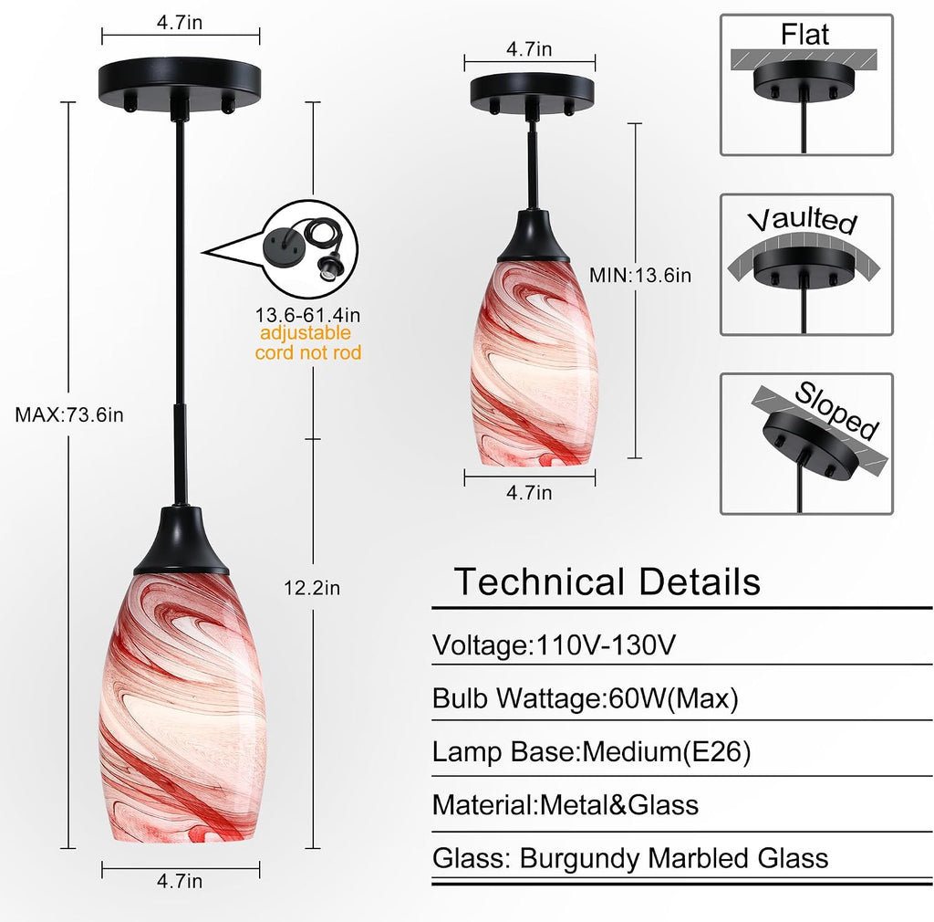 4.72" Burgundy Marble Glass Mini Pendant Light 1 Pack